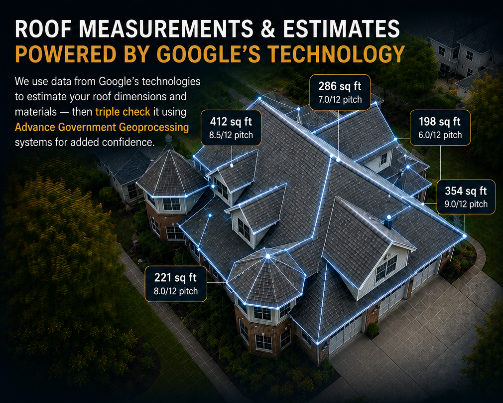 Aerial view of a roof with measured planes and pitch, illustrating Google-powered roof measurement.
